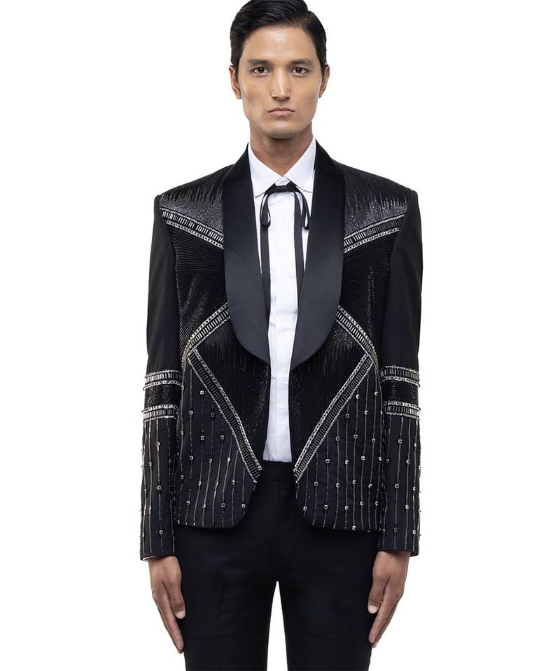 Black embroidered woolen blends tuxedo set