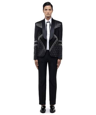 Black embroidered woolen blends tuxedo set 2