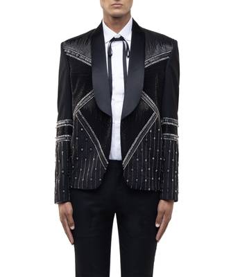 Black embroidered woolen blends tuxedo set 5