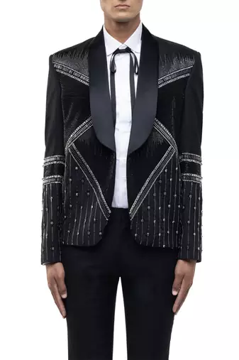 Black embroidered woolen blends tuxedo set
