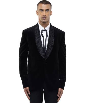 Black embroidered velvet tuxedo set 1