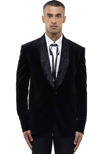 Black embroidered velvet tuxedo set