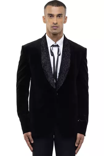 Black embroidered velvet tuxedo set