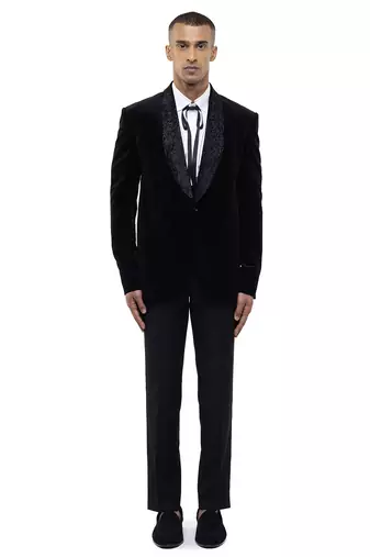 Black embroidered velvet tuxedo set