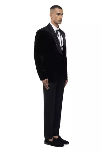 Black embroidered velvet tuxedo set