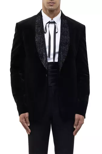 Black embroidered velvet tuxedo set