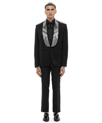 Black embroidered woolen blends tuxedo set 1