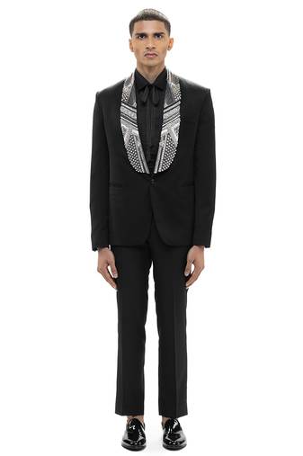 Black embroidered woolen blends tuxedo set