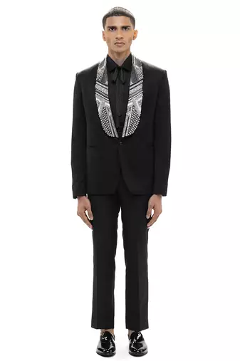 Black embroidered woolen blends tuxedo set
