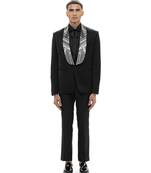 Black embroidered woolen blends tuxedo set