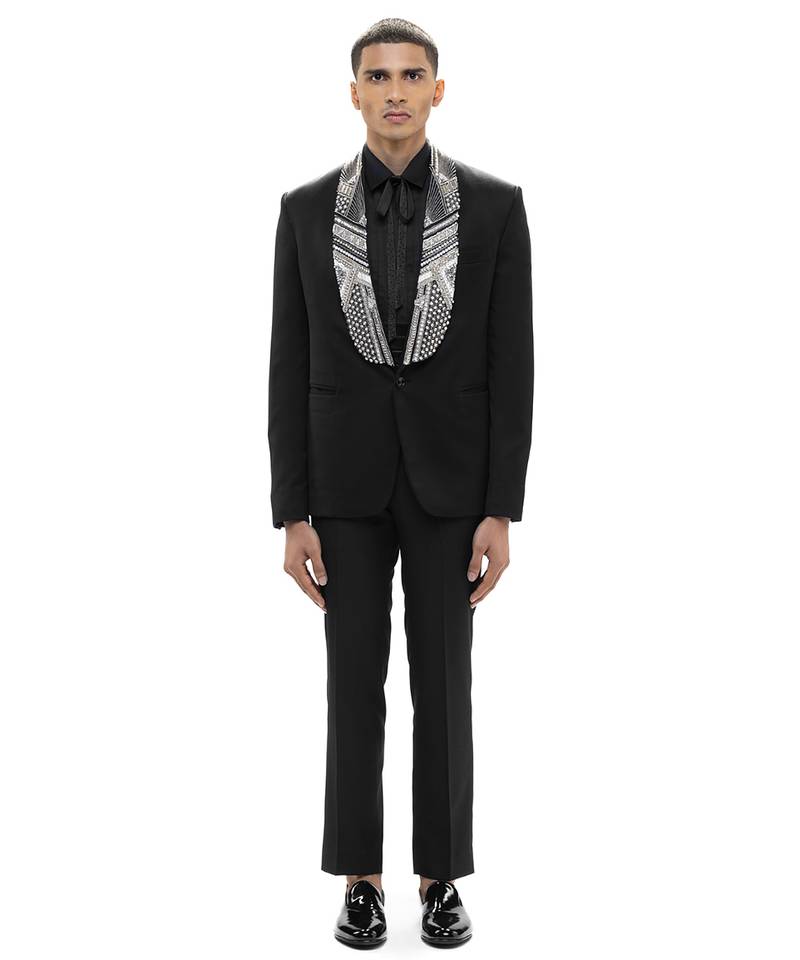 Black embroidered woolen blends tuxedo set