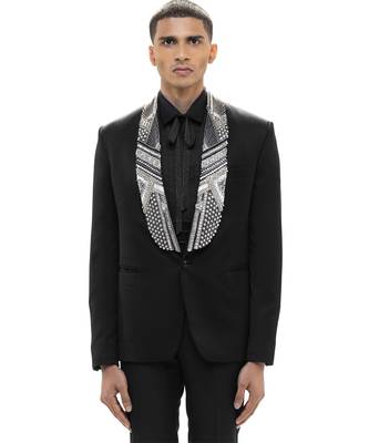 Black embroidered woolen blends tuxedo set 2