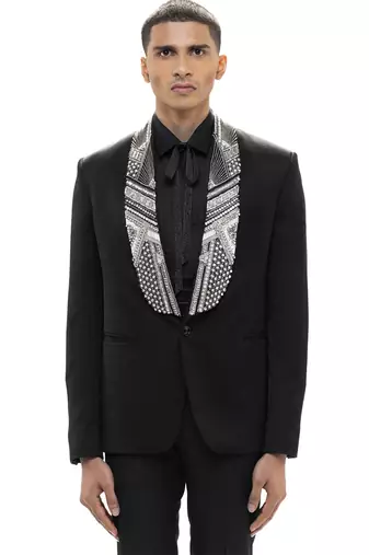 Black embroidered woolen blends tuxedo set
