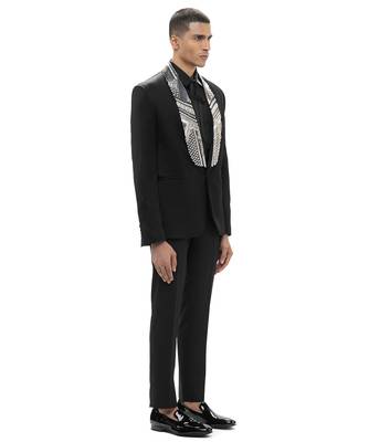 Black embroidered woolen blends tuxedo set 3