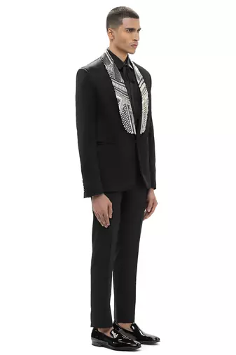 Black embroidered woolen blends tuxedo set