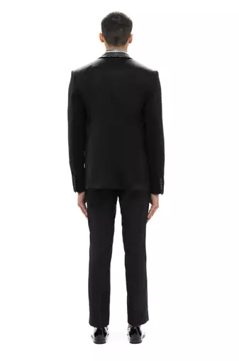 Black embroidered woolen blends tuxedo set