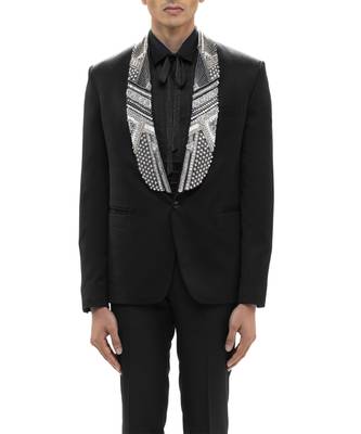 Black embroidered woolen blends tuxedo set 5