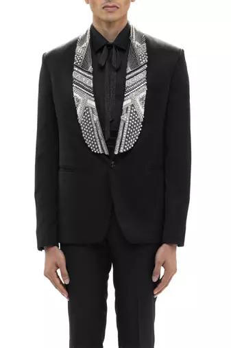 Black embroidered woolen blends tuxedo set