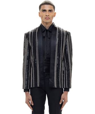 Black embroidered woolen blends tuxedo set 1