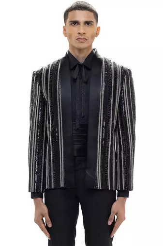 Black embroidered woolen blends tuxedo set