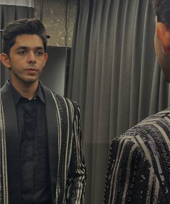 Black embroidered woolen blends tuxedo set 2