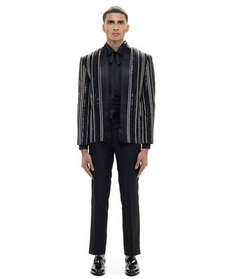 Black embroidered woolen blends tuxedo set 3