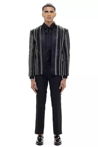 Black embroidered woolen blends tuxedo set