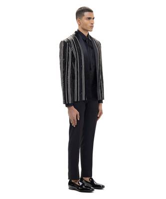 Black embroidered woolen blends tuxedo set 4