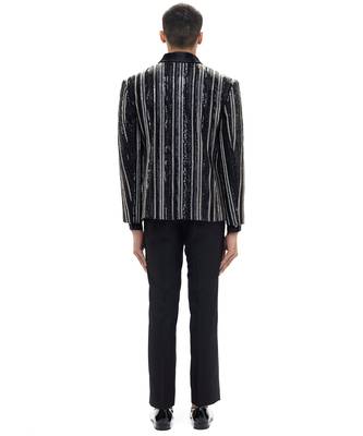 Black embroidered woolen blends tuxedo set 5