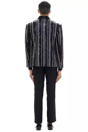 Black embroidered woolen blends tuxedo set