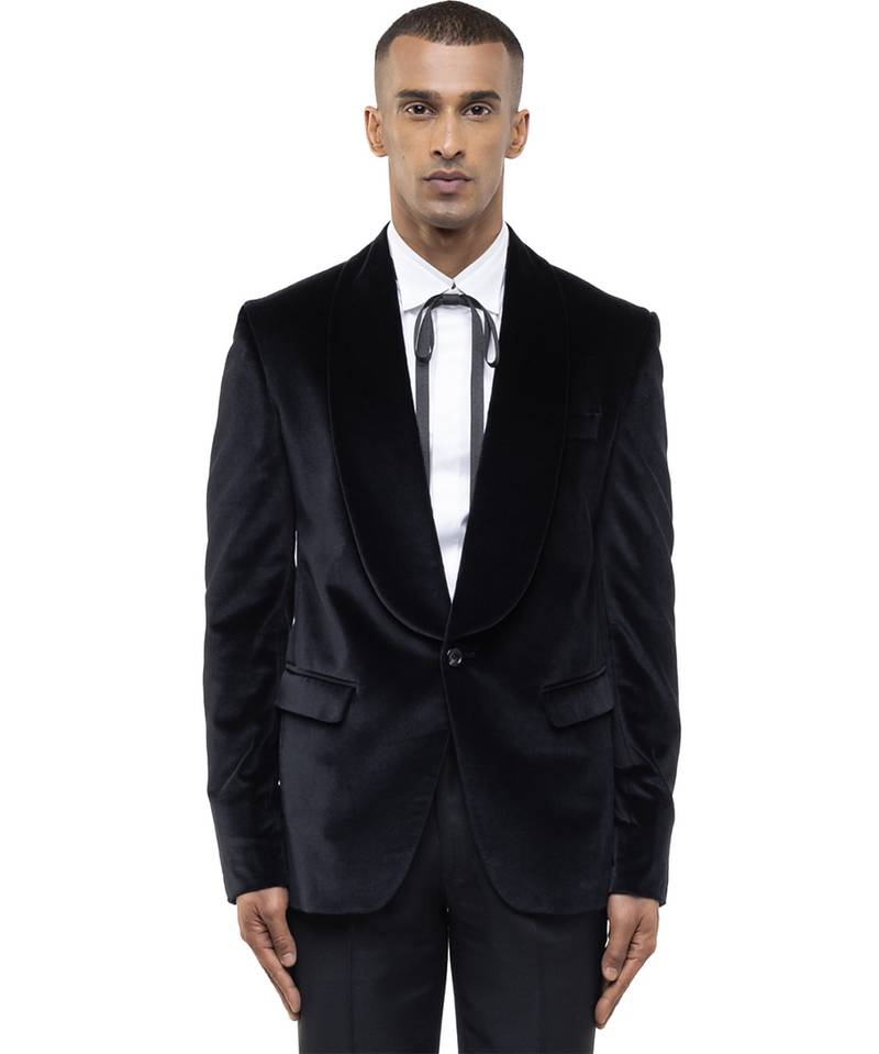 Black embroidered cotton tuxedo set