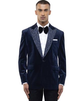 Blue embroidered velvet tuxedo set 1