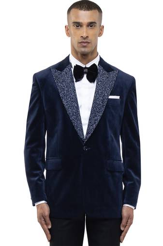 Blue embroidered velvet tuxedo set