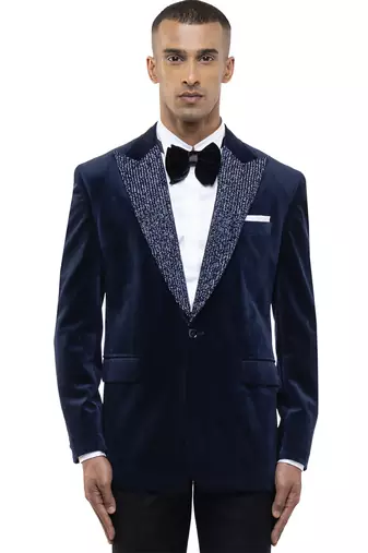 Blue embroidered velvet tuxedo set
