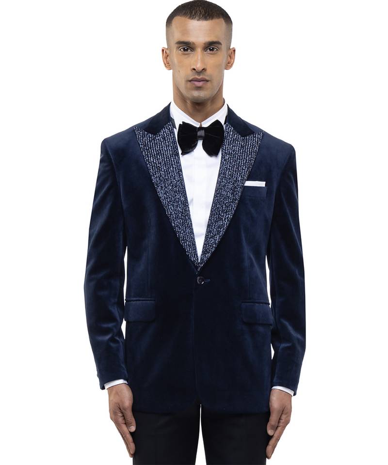 Blue embroidered velvet tuxedo set