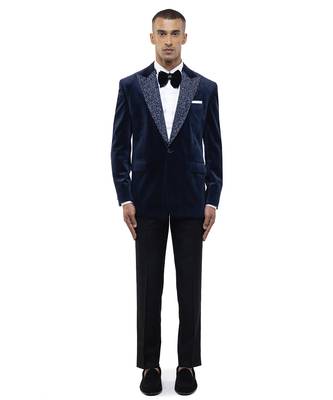 Blue embroidered velvet tuxedo set 2