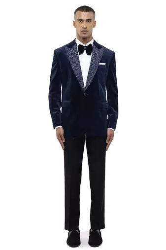 Blue embroidered velvet tuxedo set