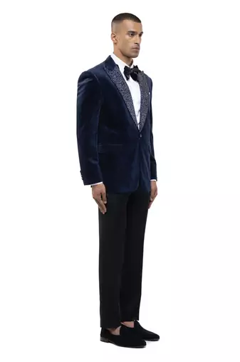 Blue embroidered velvet tuxedo set