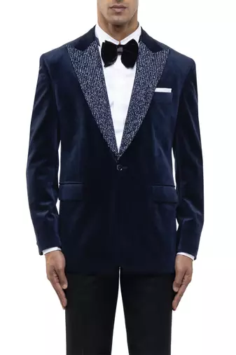 Blue embroidered velvet tuxedo set