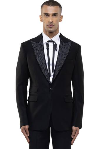 Black embroidered cotton tuxedo set