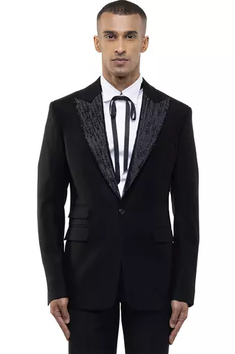 Black embroidered cotton tuxedo set