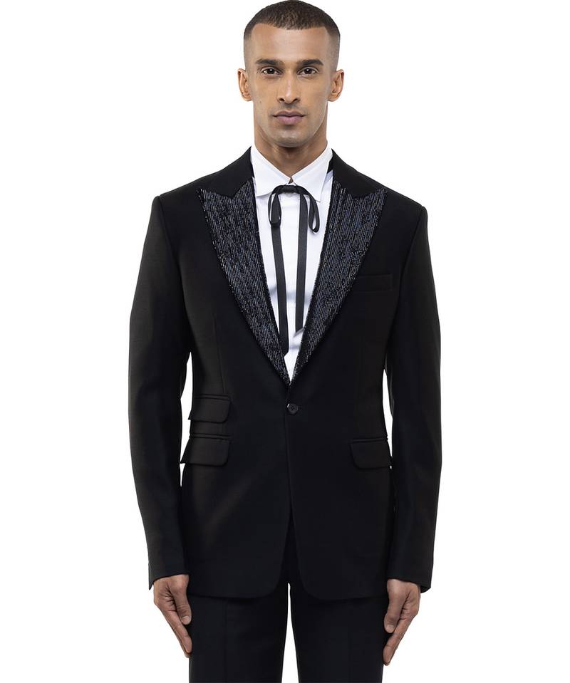 Black embroidered cotton tuxedo set