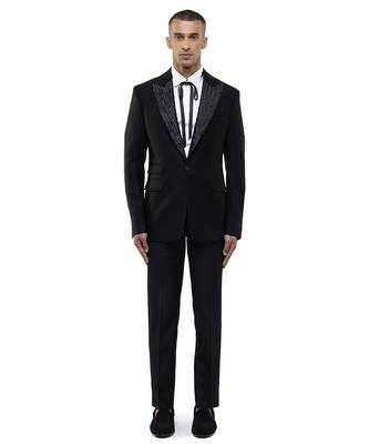 Black embroidered cotton tuxedo set 2