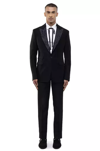 Black embroidered cotton tuxedo set