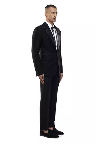 Black embroidered cotton tuxedo set