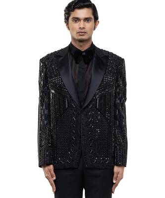 Black embroidered silk tuxedo set 1
