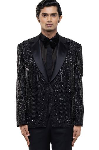 Black embroidered silk tuxedo set