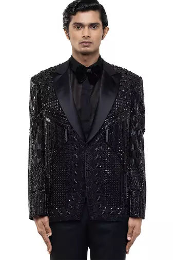 Black embroidered silk tuxedo set