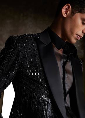 Black embroidered silk tuxedo set 2