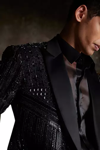 Black embroidered silk tuxedo set